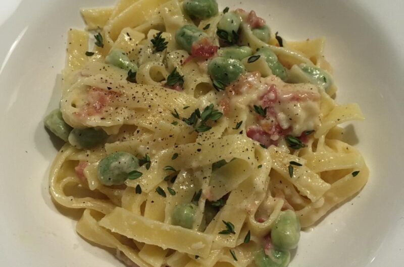 Tagliatelle met tuinbonen en pancetta